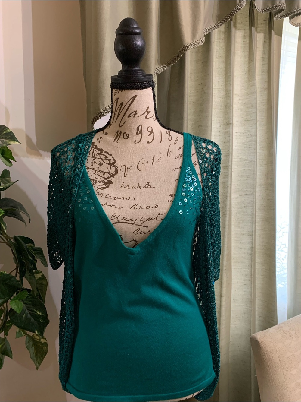 Ninety Teal Green Sequin Embellished Tank with Crocheted Shrug